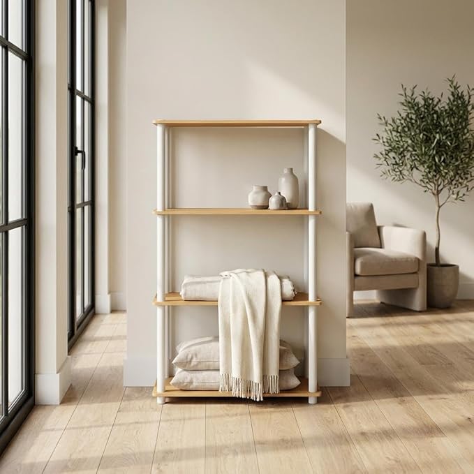 Furnifact Beech White Bookcase with Sturdy Wood Construction, Modern Design, Spacious Shelving, Stylish Home Office Storage Solution