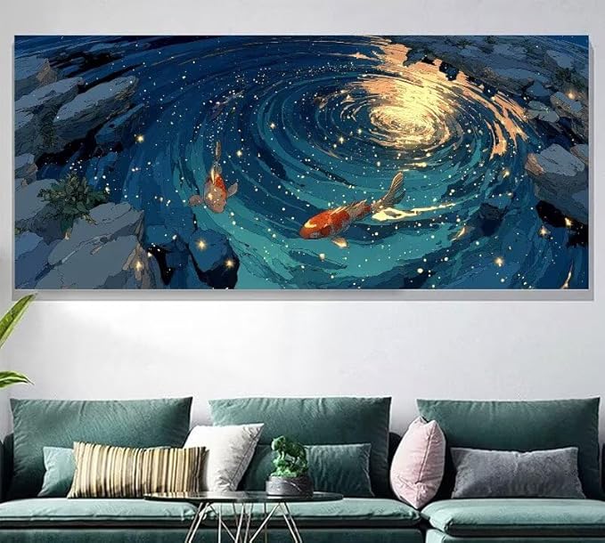 Paint by Numbers Kit for Adults Fish Painting by Numbers Lake DIY Kits for Adults Canvas Oil Painting Crafts, Hobbies for Women Beginner for Home Wall Decor Art, Gifts Without Frame 28x56 Inch S-8828