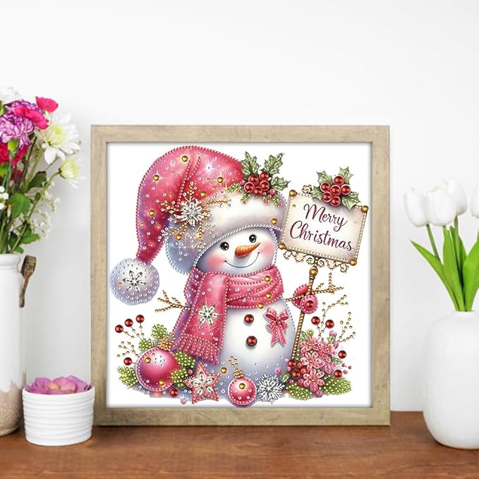 Pink Snowman 5D Special Shape Diamond Art Kits for Beginners, Christmas Winter Theme Diamonds Painting Kits for Adults,DIY Crystal Rhinestones Diamond Paintings for Home Wall Decor 12×12Inch