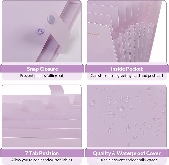 SKYDUE Expanding File Folder, Accordion File Organizer with 8 Pocket, Expandable Document Paper Receipt Holder for School Office Hospital, Letter/A4 Size Purple