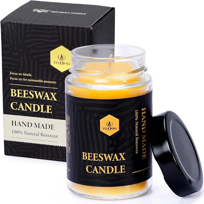 Beeswax Jar Candle in Glass Container, Natural Organic Candle Smokeless Clean Burn | 36 Hours Burning Time, Yellow