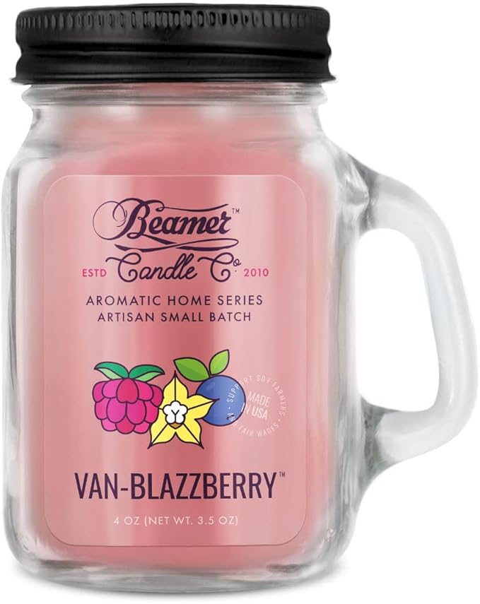 Beamer Candle Co. - Van-Blazzberry Candle – Sweet Vanilla & Tangy Berry Scent - Odor Eliminating - High Fragrance - Small 4oz Mason Jar - 22 Hour Burn Time