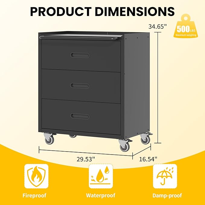 Garage Storage Cabinets with Wheels, Locking Metal Storage Cabinets with 3 Drawers, Easy Assembly Rolling Tool Cabinet for Garage, Basement,Warehouse