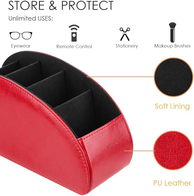 SITHON Remote Control Holder with 5 Compartments - PU Leather Remote Caddy Desktop Organizer Store TV, DVD, Blu-Ray, Media Player, Heater Controllers, Red