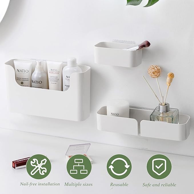 4 Pack Bedside Shelf Wall Mount,Wall Mounted Floating Shelf, Bedside Shelf Organizer Set,Non-Drilling Adhesive Plastic Storage Organizer for Home Decor,Kitchen,Bedroom,Bathroom,Rv (White)