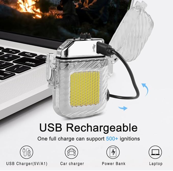 SUPRUS Luminous 3 Modes of Flashlight Windproof Waterproof Lighter Electric Rechargeable Dual Arc Plasma Lighter with Survival Emergency Whistle and Lanyard (Silver)
