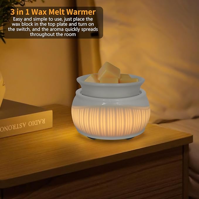 Ceramic Wax Melt Warmer for Scented Wax Warmer with 7 Colors LED Ambiance Light 3-in-1 Electric Fragrance Candle Burner for Home Office Deco Birthday Gifts for Women Girl Mom Daughter (White-02)
