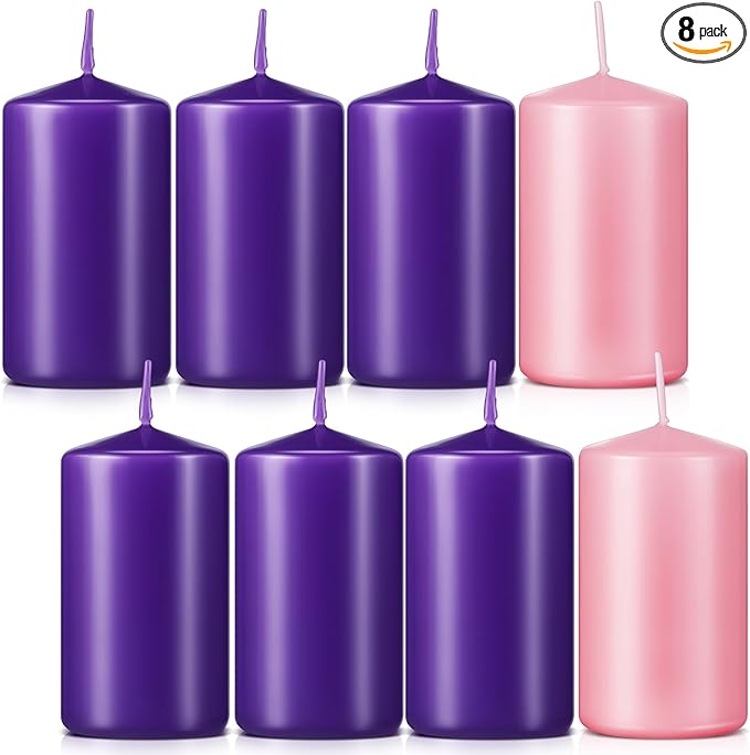 Amylove 8 Pcs 3 x 4 Inch Advent Pillar Candles Set Pink Purple Christmas Unscented Lasting Burning Church Candles for Advent Wreath Holiday Gifting