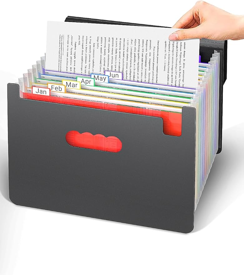 TOPCJ Expanding File Folders with Handle,Accordion File Organizer 13 Expandable Pockets,Portable Filing Box,Adjustable Support Strap,Colored Tabs,Paper Bills Documents Organizer,A4/Letter Size