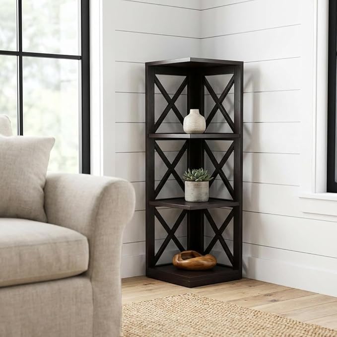 Furnifact Espresso 3 Tier Corner Bookcase with Non Lead Base Paint, Space-Saving Design, Modern Style, Durable Construction