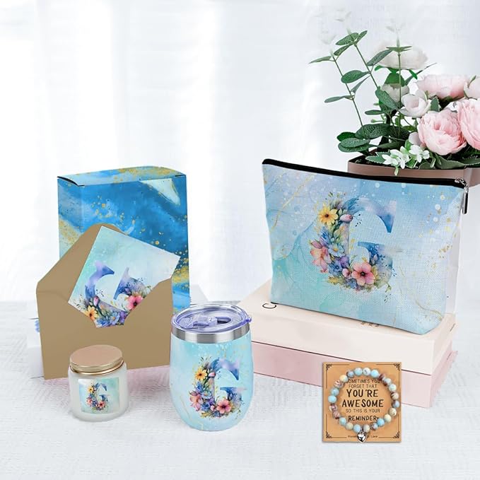 Personalized Gifts Monogrammed Birthday Gifts for Women, Her Employee Housewarming Christmas Initial Wine Tumbler Makeup Bag Scented Candle Bracelet Set, (Aesthetic Blue Flower G)