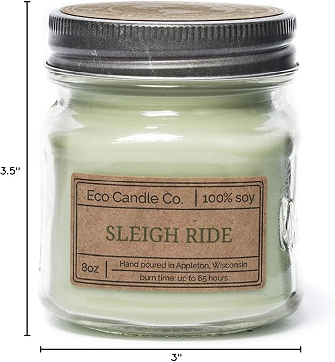 ECO CANDLE CO. Mason Jar Candle, Sleigh Ride, 8 oz. - Scents of Pine & Orange - 100% Soy Wax, No Lead, Kraft Label & Antiqued Pewter Lid, Hand Poured, Phthalate Free, Made from Midwest Grown Soybeans