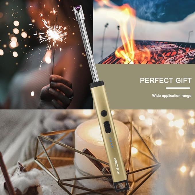 ARECTECH Candle Electric Lighter Rechargeable USB Arc Lighters for Candle Camping Fireworks Christmas Birthday Gifts with LED Light for Men Women Gold