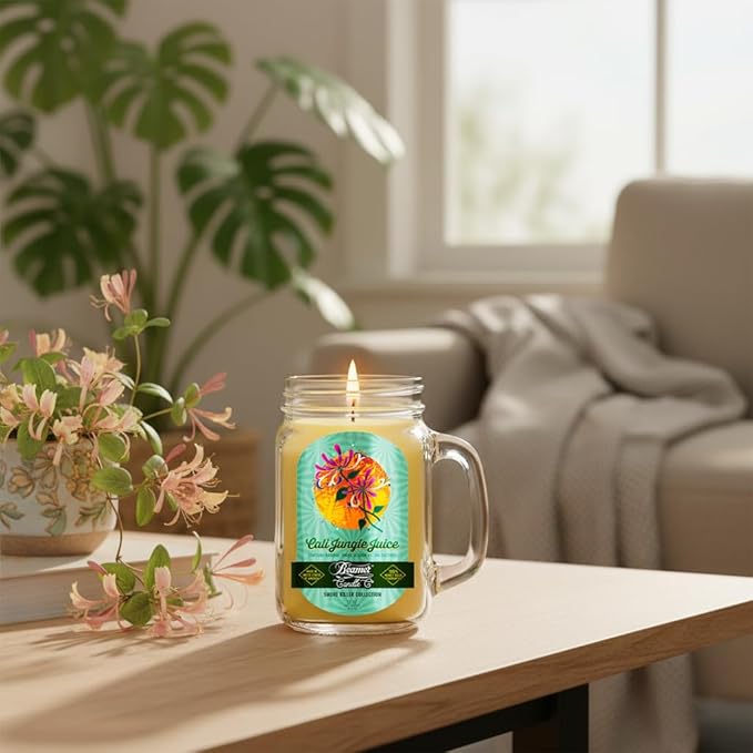Cali Jungle Juice Candle – Odor Eliminating, Strong Scent – Honeysuckle Floral – Long Lasting 90 Hour Burn – Large 12oz Mason Jar – Made in USA – Beamer Candle Co.