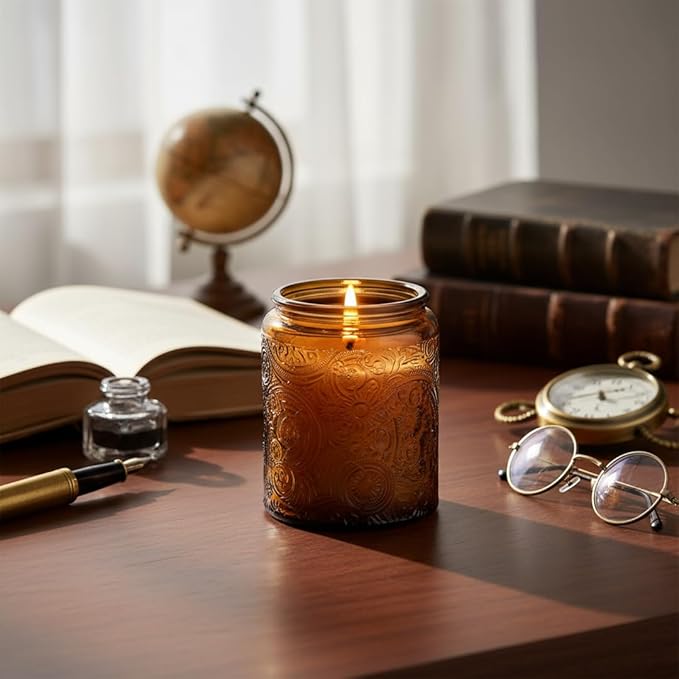 9-Pack 8oz Embossed Glass Candle Container with Bamboo Lids and Labels, Amber Candle Jars for Making Candles, Sun Moon Star Design