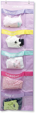 Lillian Vernon Pastel Colors Days Of The Week Hanging Clothing Organizer – Personalize With Name, Weekly Monday-Friday Over Door Weekday Kids Clothes Storage System, Sturdy Pastel Poly, 19-1/2" x 62"