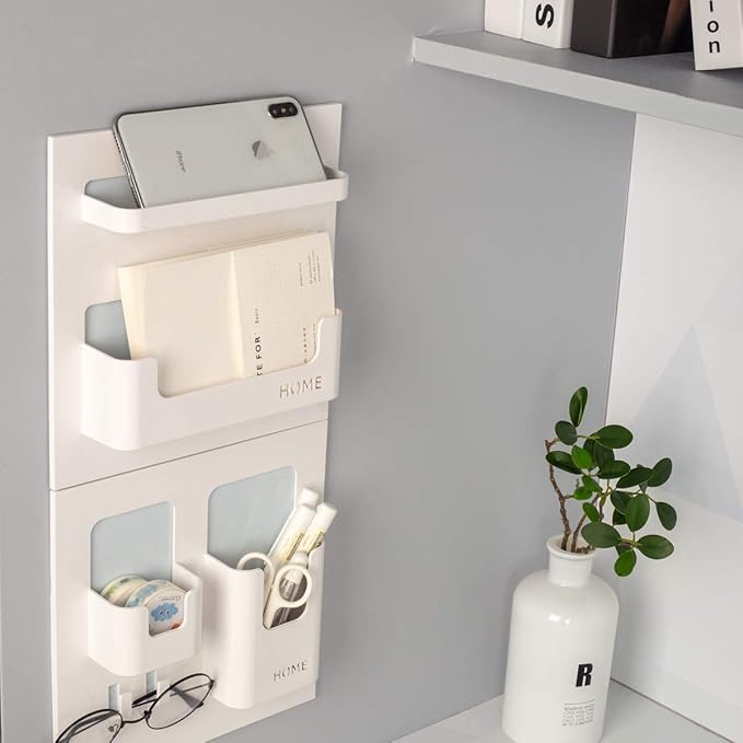 Bedside Shelf - Stick On Wall Mounted Bed Room,Dorm,Office Adhesive Floating Accessories Caddy Organizer/Holder for Phone,Glasses,Remote Control,Keys,Pens - Plastic Material- White
