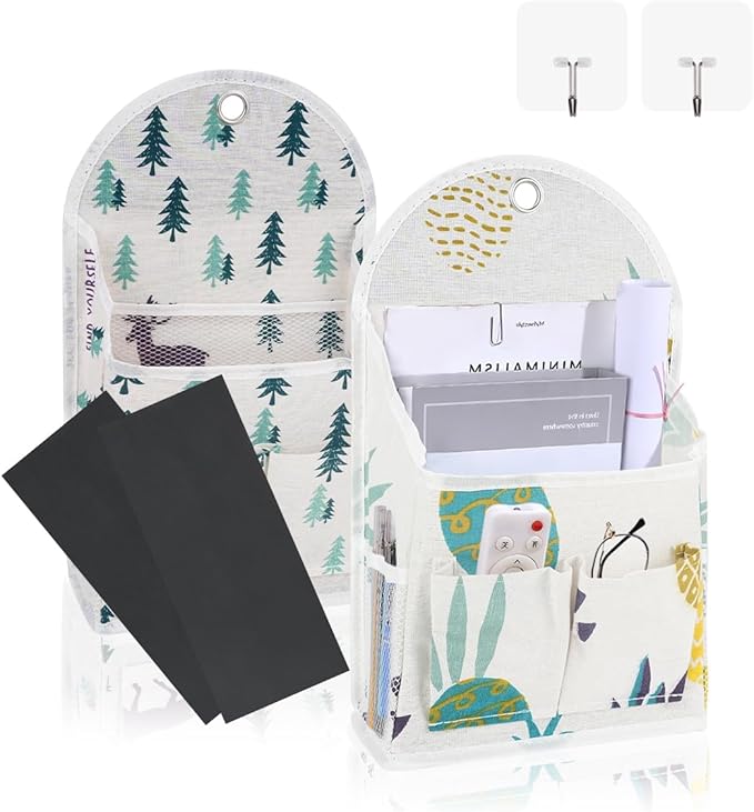 2 Pack Wall Hanging Storage Bag with Pocket, Fabric Organizer Basket with Sticky Hook, Over The Door Caddy Organizer Box for Closet Dormitory Bedroom Bathroom Kitchen (Forest + Pineapple)