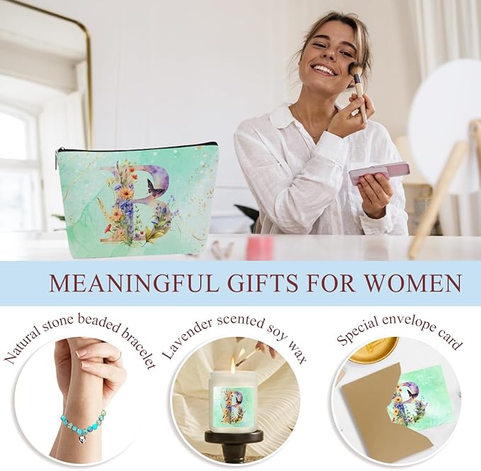 Personalized Gifts Monogrammed Birthday Gifts for Women, Sister Cowerker Mom Boss Day Christmas Appreciation Initial Wine Tumbler Makeup Bag Scented Candle Bracelet Set, (Aesthetic Green Flower B)