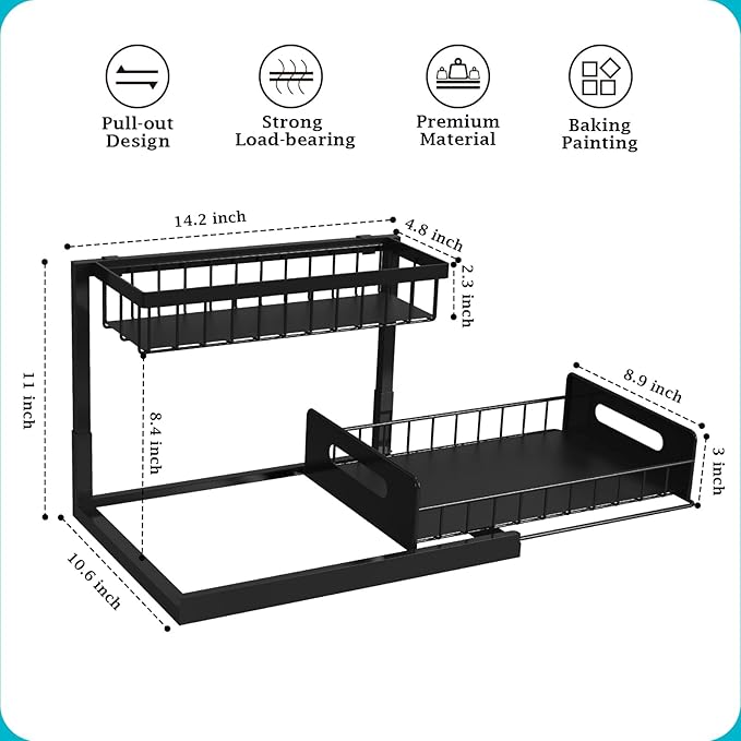REALINN Under Sink Organizer, L-Shaped 2 Tier Pull Out Cabinet Organizer for Kitchen and Bathroom, Slide Out Under Cabinet Storage, Metal Under Sink Storage with Sliding Drawer, 50 lbs, Black 2 Pack