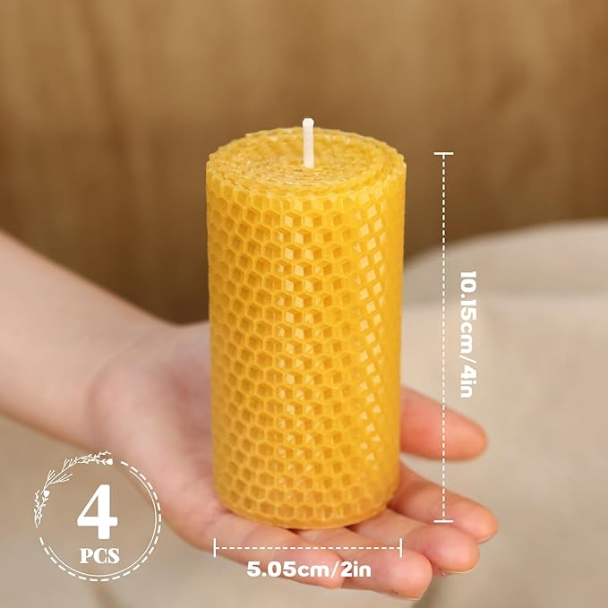 Hand-Rolled Beeswax Candles, 4 Packs, Handcrafted Honeycomb Beeswax Pillar Candles, Natural Bee Farm Gifts for Candle Lovers,Home Decor, Air Purify (2x4 in)