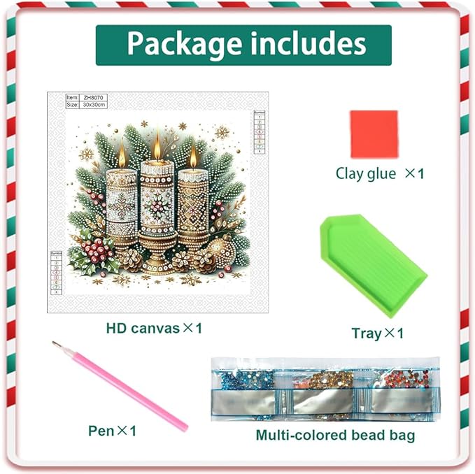 5D Christmas Candles Special Shape Diamond Art Kits for Beginners, Christmas Winter Theme Diamonds Painting Kits for Adults,DIY Crystal Rhinestones Diamond Paintings for Home Wall Decor 12×12Inch