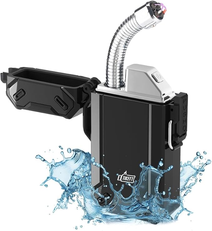 Dual Arc USB Rechargeable Electric Camp Lighter with Retractable Flexible Long Neck Waterproof Windproof Lighter for Outdoor, Grill and Candle (Black)
