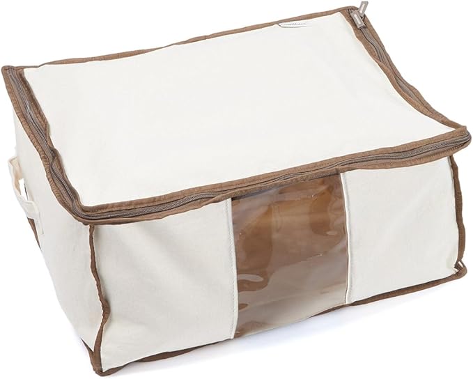 Covermates Canvas Storage Bag for Blankets, Clothes & Décor, 100% Cotton Breathable Fabric, Clear ID Window, Dual Zipper Closure, Carry Handles, Closet Organization, Natural