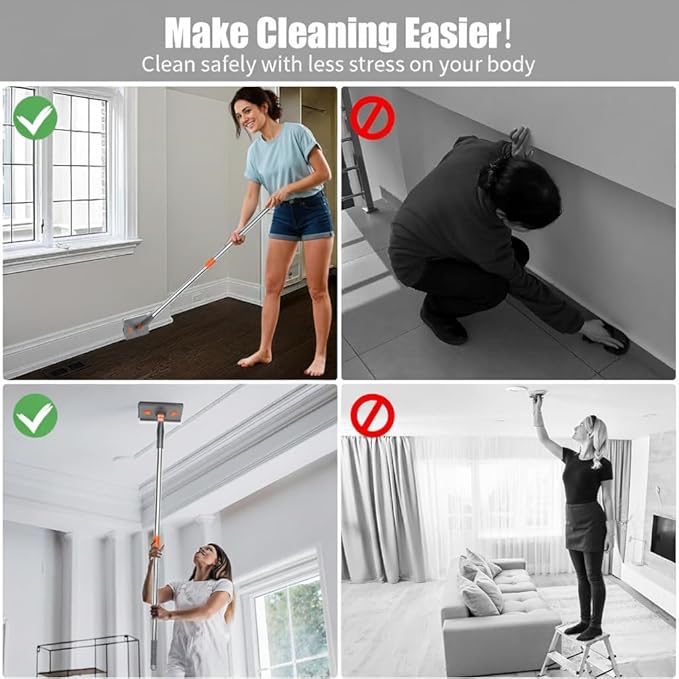 85” Baseboard Cleaner Tool with Handle and Hooks, 180° Rotating Wall Cleaner with Convex Design, Wall Mop with 6 Reusable Pads to Clean Wall, Window, Floor and Ceiling with Extension Poles
