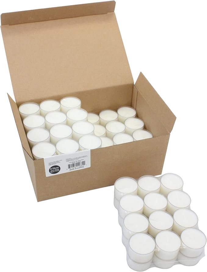 Stonebriar Bulk 96 Pack Unscented Smokeless Long Burning Clear Cup Tea Light Candles with 8 Hour Extended Burn Time, White