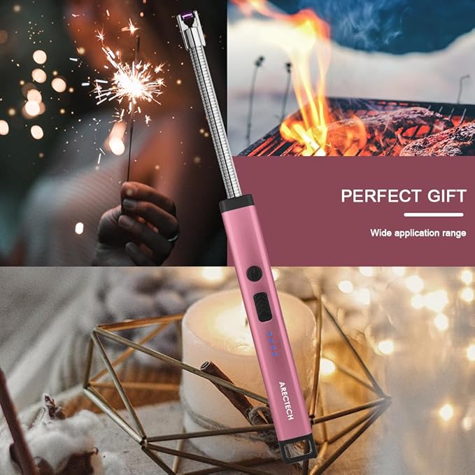 ARECTECH Candle Electric Lighter Rechargeable USB Arc Lighters for Candle Camping Fireworks Christmas Birthday Gifts with LED Light for Men Women Pink