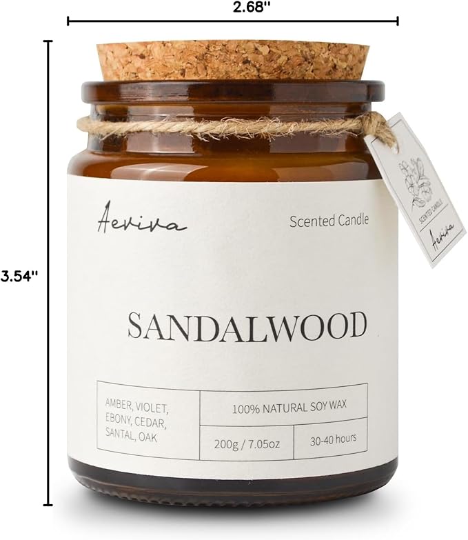 Scented Candle, 7.05 oz Sandalwood Aromatherapy Candle, Natural Soy Wax with Wooden Wick, Candles for Home Scented, Stress Relief Amber Jar Candle Gifts