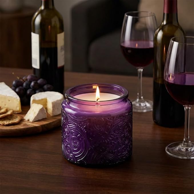 9-Pack 10 oz Sun Moon Star Embossed Glass Candle Jars with Mirror Lids and Labels - Unique Purple Containers with Lids for Candle Making