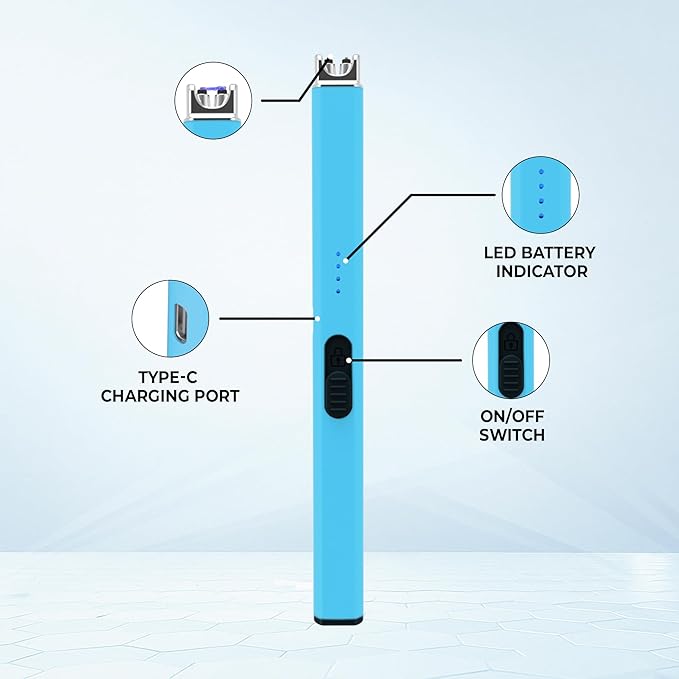 FIGHTSENSE USB Rechargeable Candle Lighter,Plasma Arc Windproof Flameless Long Electric Lighter with Safety Switch,LED Battery Display,Used for BBQ Fireplace,Camping,Stove Kitchen (Blue)