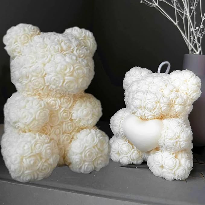 2-Pack 3D Rose Bear Candle Molds, Valentine's Day Silicone Molds, DIY Paint Your Own Heart Bear or Rose Bear Candle, Home Gifts Making Wax Ceramic Clay Mother’s Day Gift Birthday Gift