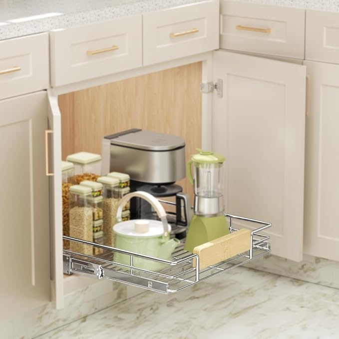 LOVMOR Pull Out Cabinet Organizer with Wooden Handle, 16½" W x 21½"Heavy Duty Cabinet Drawers Shelves Slide Out Organizer for Kitchen, Pantry