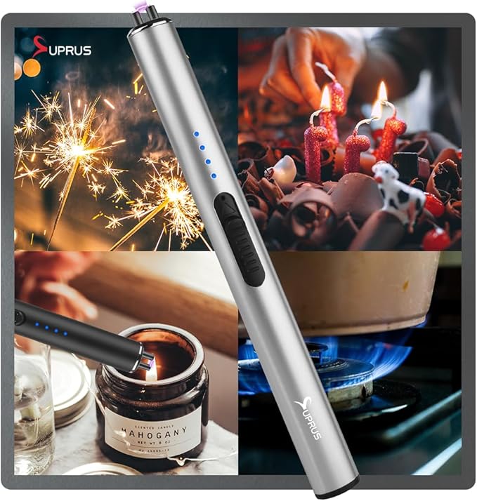 SUPRUS Electric Arc Windproof Flameless USB Rechargeable Lighter with Safety Lock for Candle (Silver)
