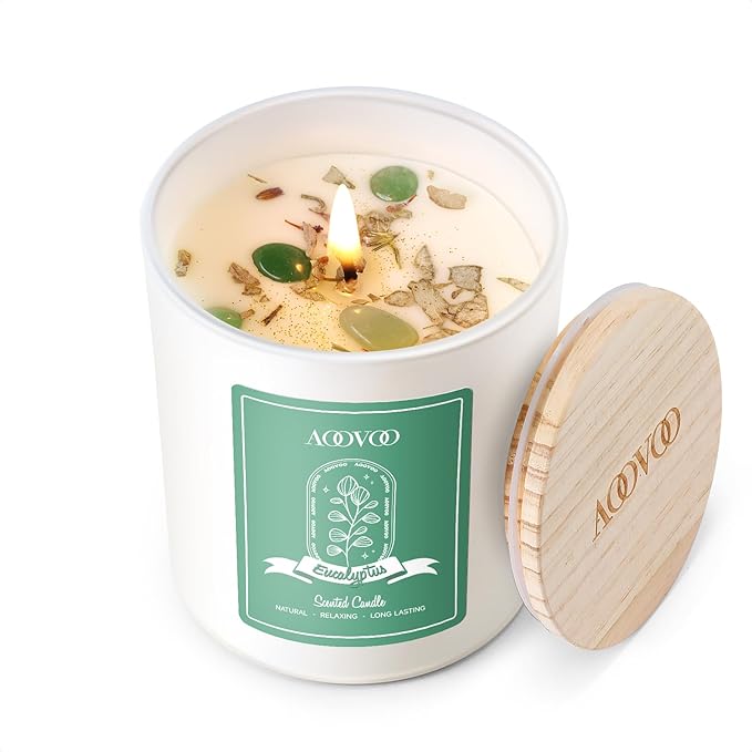 AOOVOO Eucalyptus Scented Candles for Women - Aromatherapy Candle with Crystals Inside, 7oz Soy Candles for Home Scented, Mothers Day Birthday Gifts Candle for Women Mom