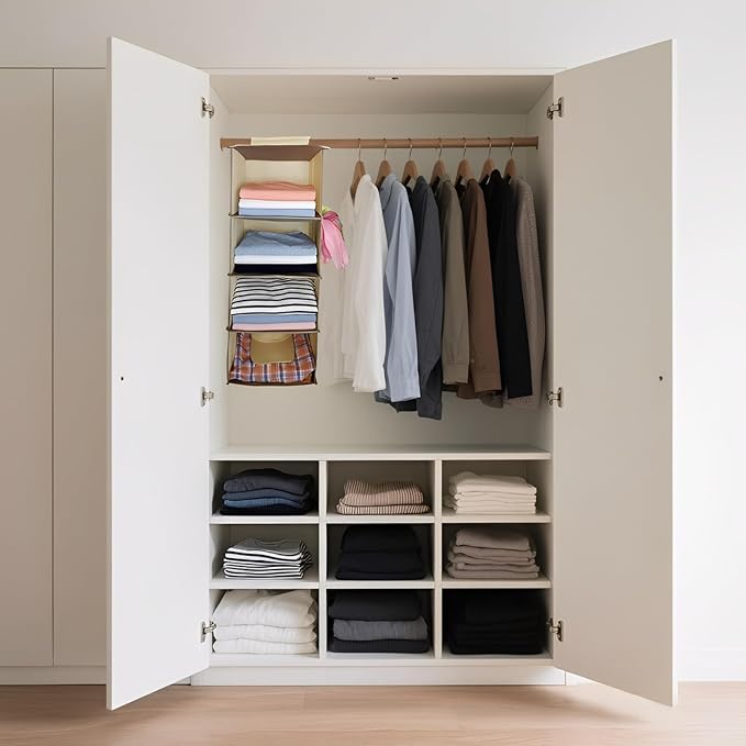 Hanging Closet Organizer 4 Tier Hanging Storage with Side Pocket, Foldable Hanging Shelves for Clothes, Laundry Room & RV Use