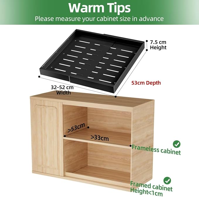PAKETA 2 Pack Expandable Pull Out Cabinet Organizer, 21'' Deep Pull Out Drawers for Cabinet, Upgrade 3 Slide Rails Sliding Drawer for Cabinets with Adhesive Nano Film (Black, 21"D X 12-20"W)