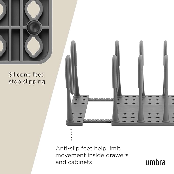 Umbra Peggy Kitchen Drawer Cupboard Organizer Tray - Adjustable Storage System For Food Containers, Cookware, Serveware, Utensils and More, Grey (Pack of 3)