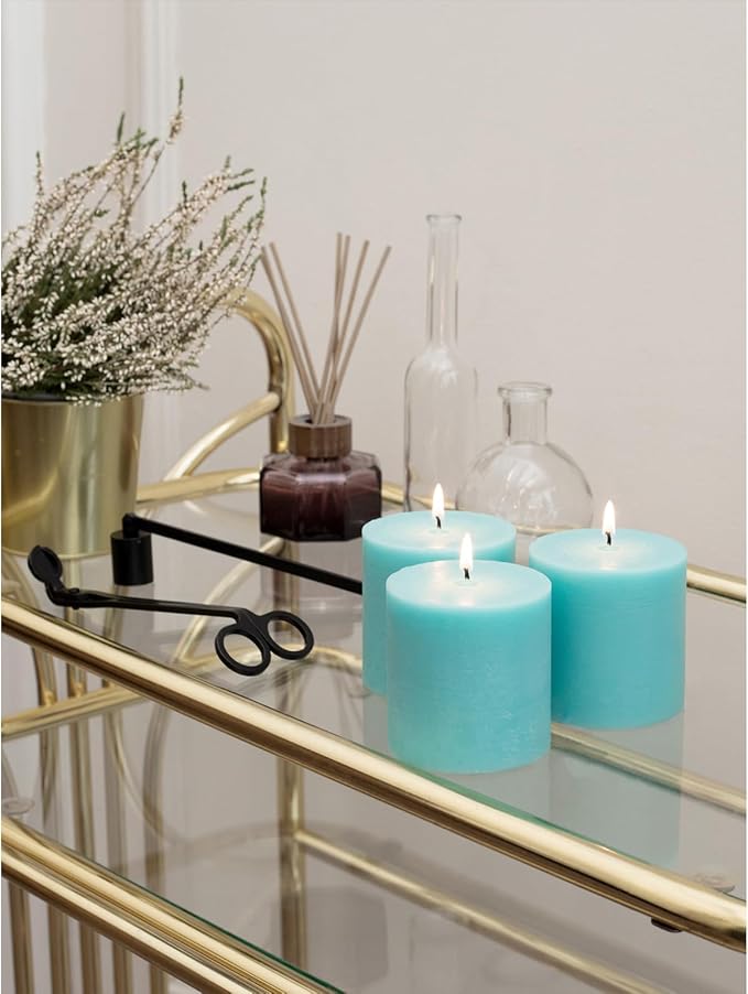 CANDWAX 3x3 Pillar Candles Set of 3 - Rustic Unscented No Drip Turquoise Candles for Home Decor, Weddings, Centerpieces