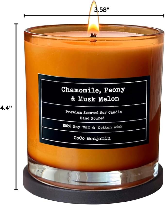 100% Natural Soy Wax Candle by CoCo Benjamin - Highly Scented & Hand-Poured Luxury Candle (Chamomile, Peony & Musk Melon) - Clean Burning Cotton Wick
