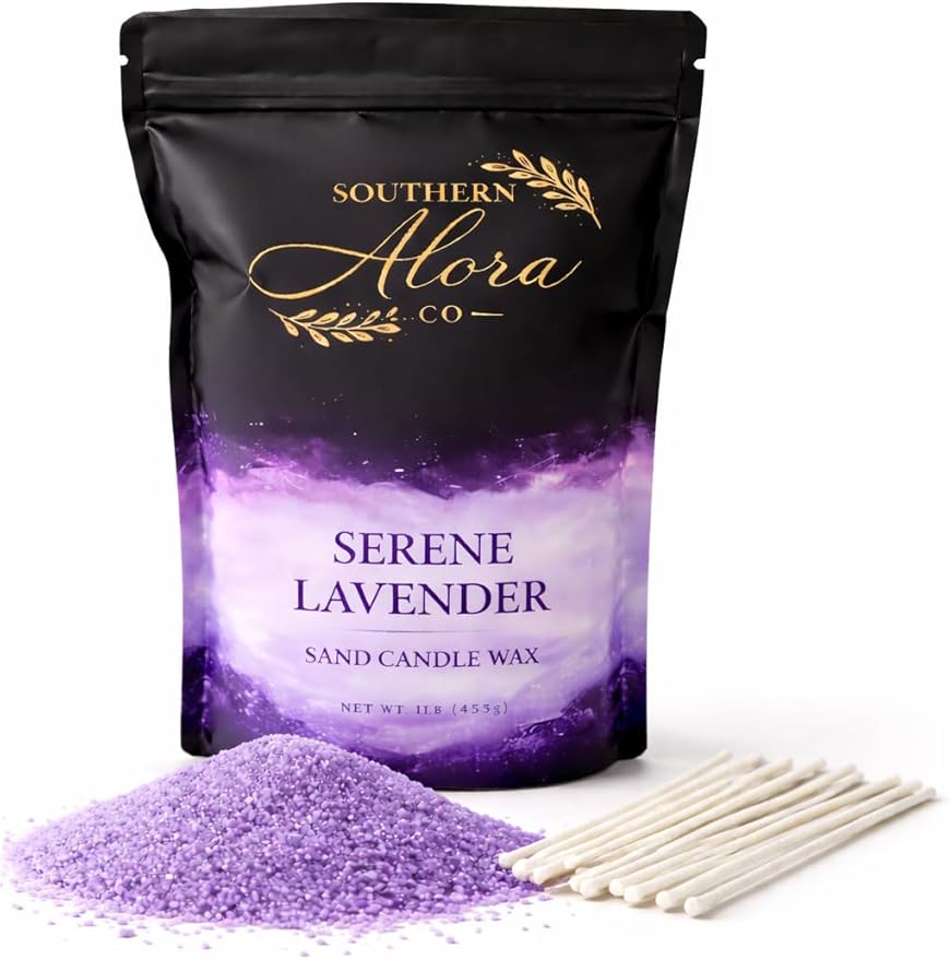Candle Sand Wax 1 LB – Southern Alora Sand Candles with Wicks – Wax Beads with 10 Cotton Wicks – Refillable DIY Candle Kit for Wedding Centerpieces, Table Decor & Home Decor – Lavender Serenity