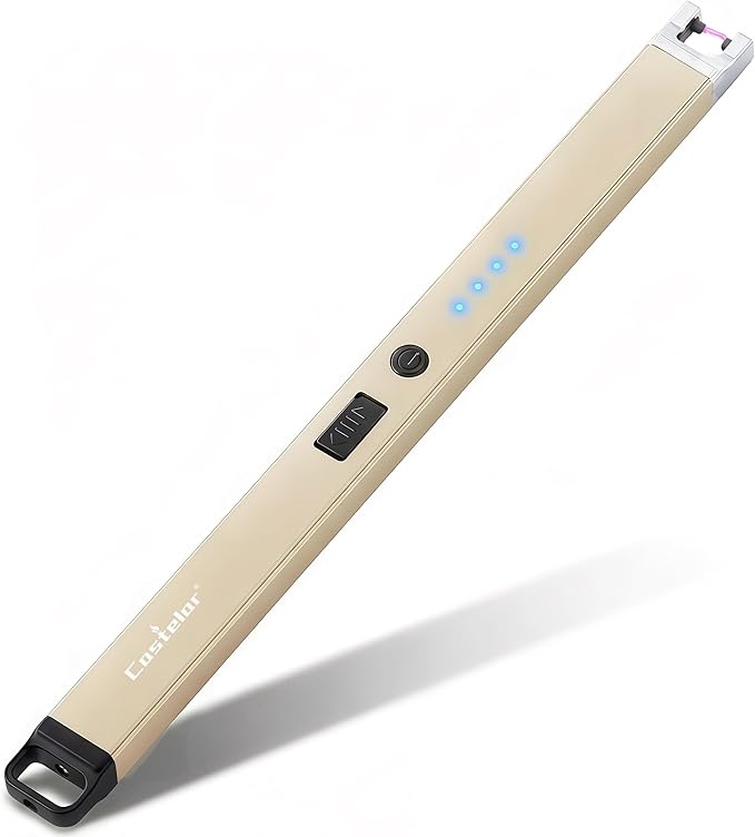 Castelar Candle Lighter, Electric Lighter Windproof Flameless with Safety Switch, USB Rechargeable Lighters for Candle, Grill, BBQ, Camping, Birthday & Stocking Stuffers (Gold)