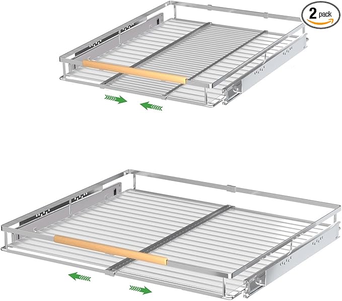 Expandable Pull Out Drawer Cabinet Organizers, Heavy Duty Slide Out Storage Shelf for Home Kitchen Pantry Cupboard Pots Pans, Adjustable Width from 17.2"~28.1", Stainless Steel 2 Pack