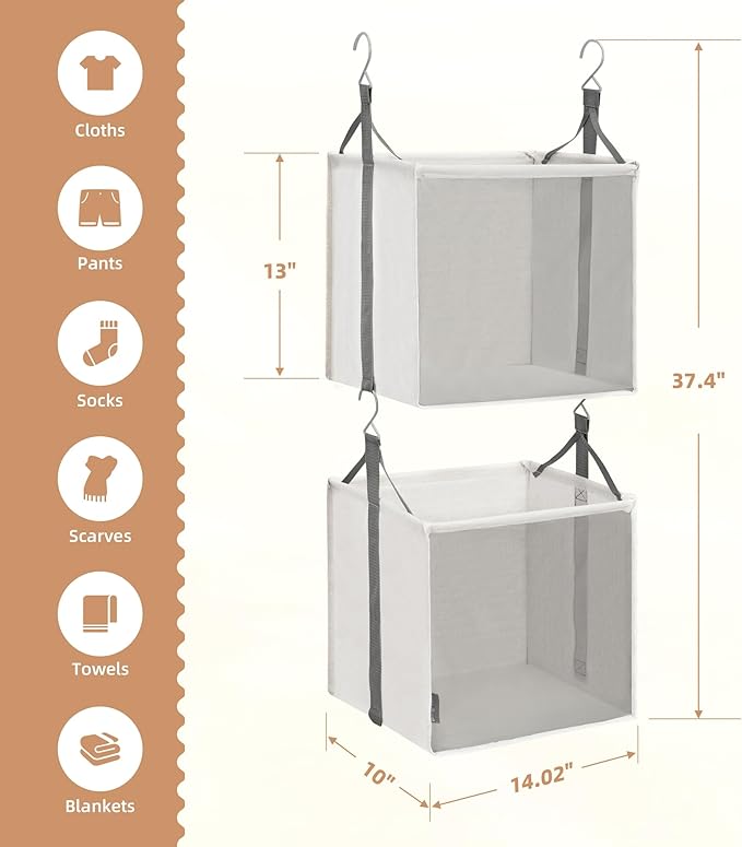 STORAGE MANIAC 2-Shelf Hanging Closet Organizer, Cloth Hanging Closet Shelf, Hanging Closets Baskets with Hooks for Dorm, Apt, Bedroom, College, Garment Rack, Wardrobe, Fabric with Mesh, Ivory
