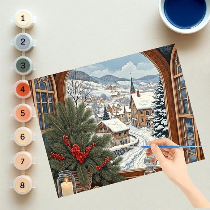 EnLvYY Paint by Numbers for Adults 16x20 Inch, DIY Acrylic Painting on Canvas, Cozy Window View of Winter Village, Candles, Pine Branches and Snow Scene, Christmas Wall Art Gift,Unframed