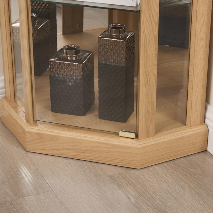Corner Lighted Glass Curio Cabinet for Living Room Space Saving Vertical Tall Display Case with Light for Antique Wine Bar Glass Storage (Light Oak)