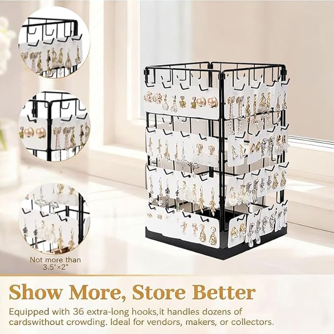 360 Rotating Earring Display Holder Stand, Large Capacity 64-Hook Jewelry Display and Storage Rack，For retail displays, seller sales, and women's vanity earring organization (Black)